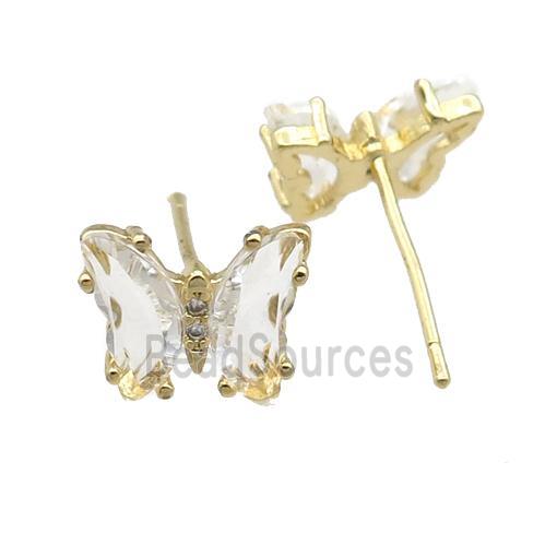 clear Crystal Glass Butterfly Stud Earrings, gold plated