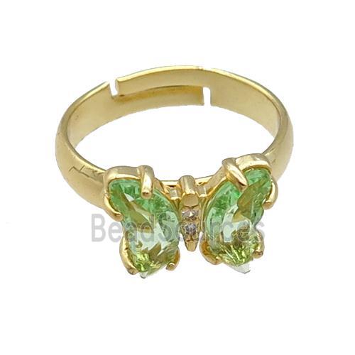 lt.green Crystal Glass Butterfly Rings, gold plated