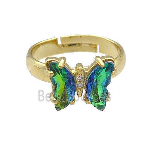 green Crystal Glass Butterfly Rings, gold plated