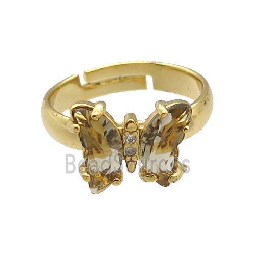 smoky Crystal Glass Butterfly Rings, gold plated