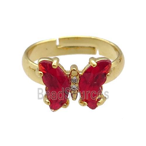 red Crystal Glass Butterfly Rings, gold plated