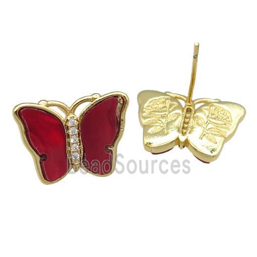 red Resin Butterfly Stud Earrings, gold plated