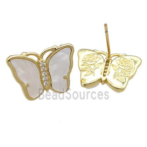 white pearlized Resin Butterfly Stud Earrings, gold plated