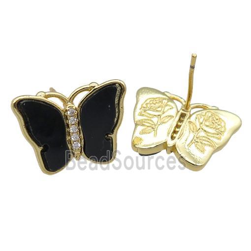 black Resin Butterfly Stud Earrings, gold plated