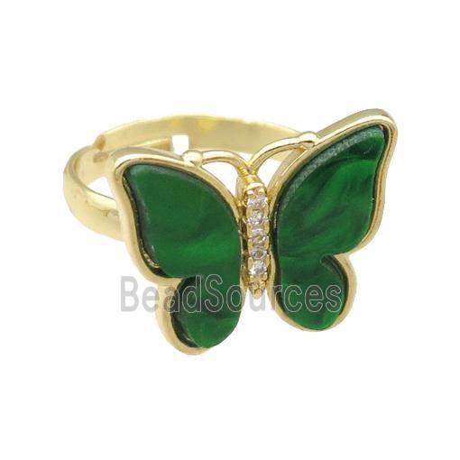 green Resin Butterfly Rings, adjustable, gold plated