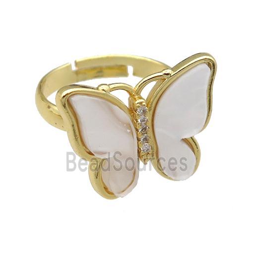 white pearlized Resin Butterfly Rings, adjustable, gold plated