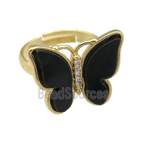 black Resin Butterfly Rings, adjustable, gold plated