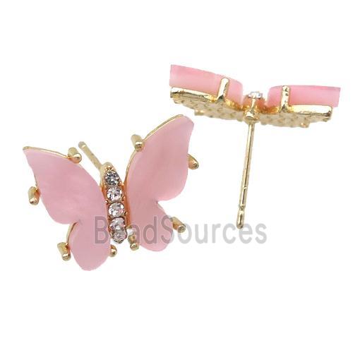 pink Resin Butterfly Stud Earrings, gold plated