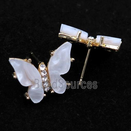 white pearlized Resin Butterfly Stud Earrings, gold plated