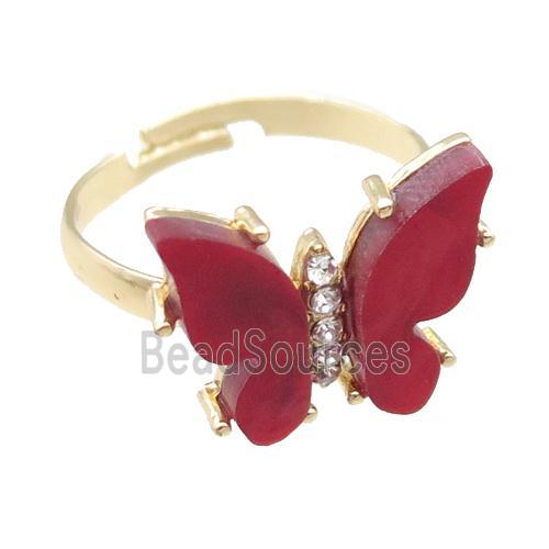 red Resin Butterfly Rings, adjustable, gold plated