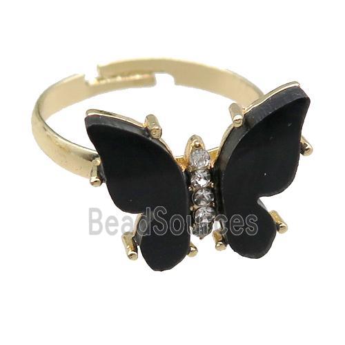 black Resin Butterfly Rings, adjustable, gold plated