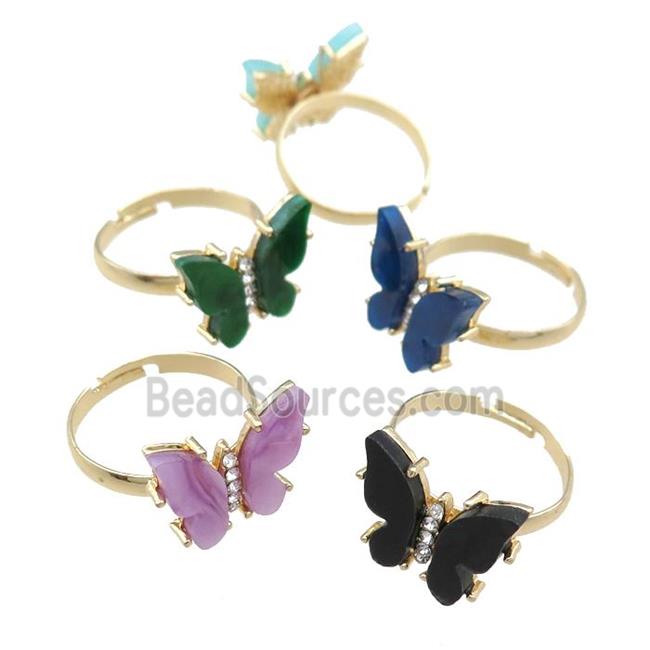 Resin Butterfly Rings, adjustable, gold plated, mixed color