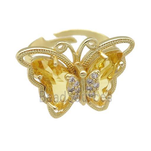 golden Crystal Glass Butterfly Rings, adjustable, gold plated