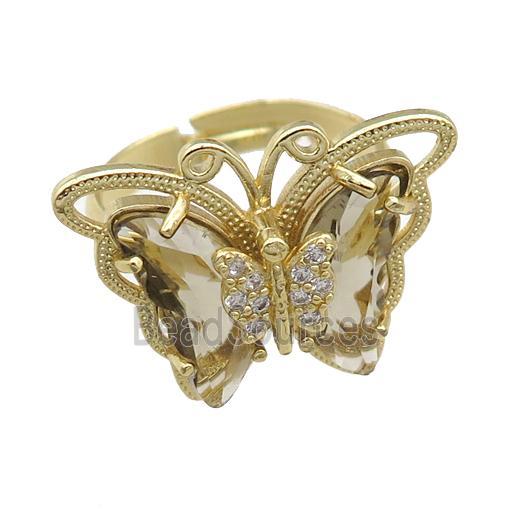 smoky Crystal Glass Butterfly Rings, adjustable, gold plated