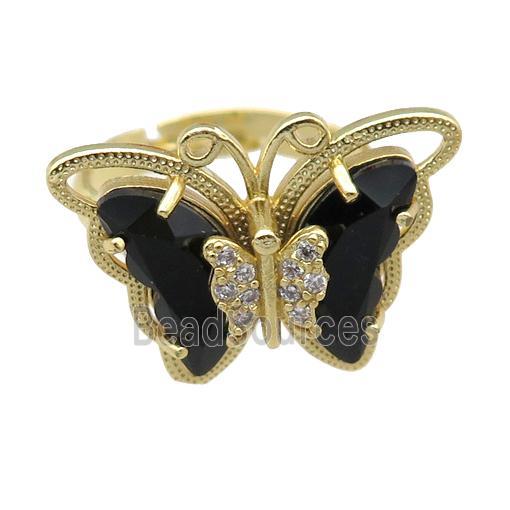 black Crystal Glass Butterfly Rings, adjustable, gold plated