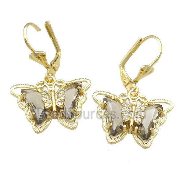 smoky Crystal Glass Butterfly Latchback Earring, gold plated