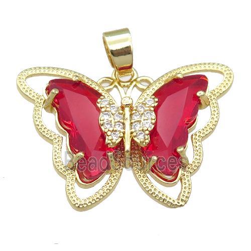 red Crystal Glass Butterfly Pendant, gold plated