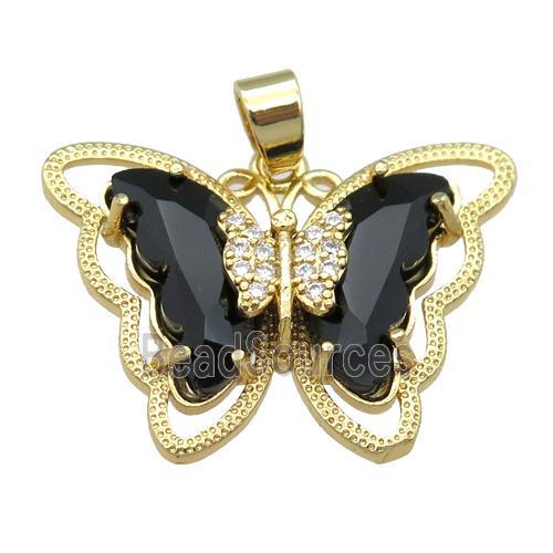 black Crystal Glass Butterfly Pendant, gold plated