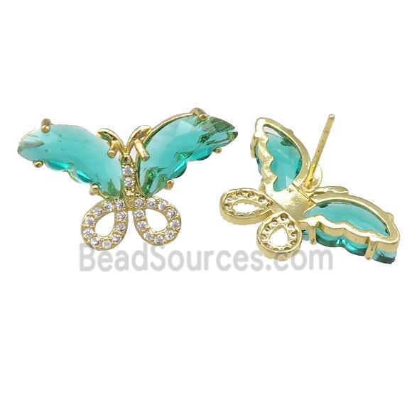 green Crystal Glass Butterfly Stud Earring, gold plated