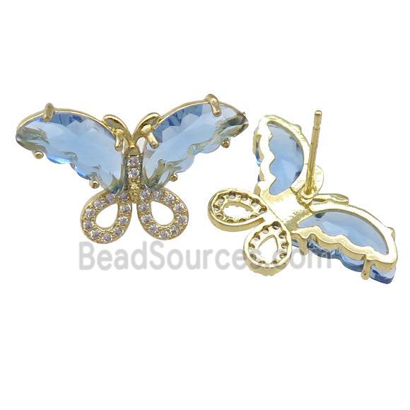 lt.blue Crystal Glass Butterfly Stud Earring, gold plated