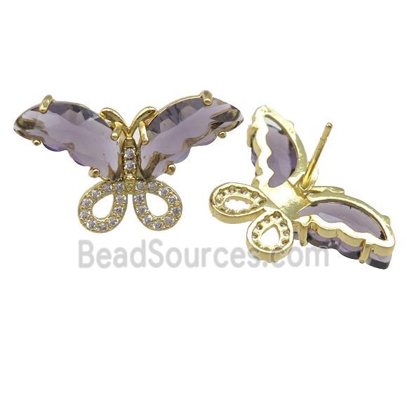 purple Crystal Glass Butterfly Stud Earring, gold plated