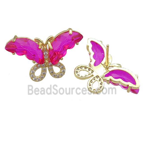 hotpink Crystal Glass Butterfly Stud Earring, gold plated