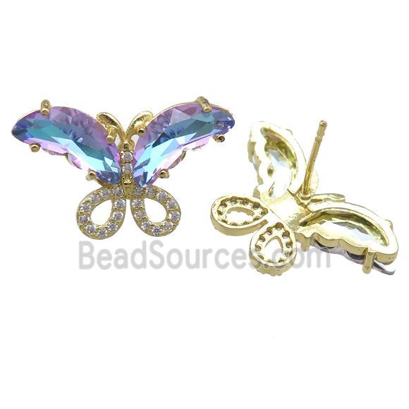 bluepurple Crystal Glass Butterfly Stud Earring, gold plated