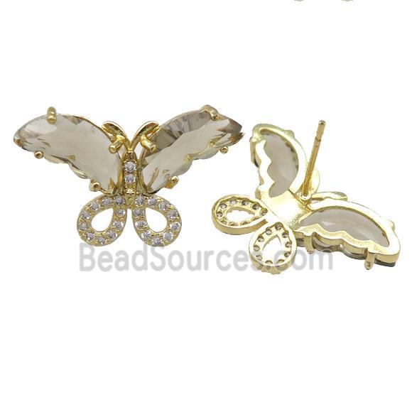 smoky Crystal Glass Butterfly Stud Earring, gold plated