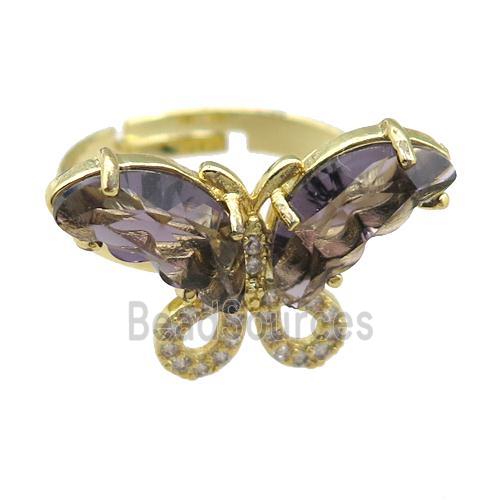 purple Crystal Glass Butterfly Rings, adjustable, gold plated