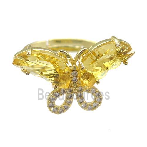 golden Crystal Glass Butterfly Rings, adjustable, gold plated