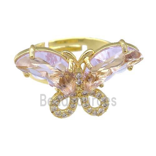 lt.pink Crystal Glass Butterfly Rings, adjustable, gold plated