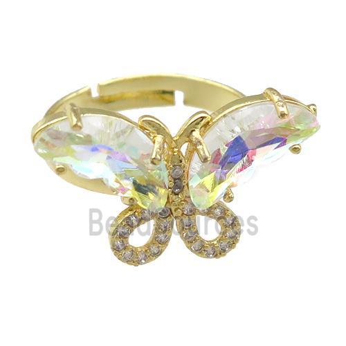 clear AB-color Crystal Glass Butterfly Rings, adjustable, gold plated