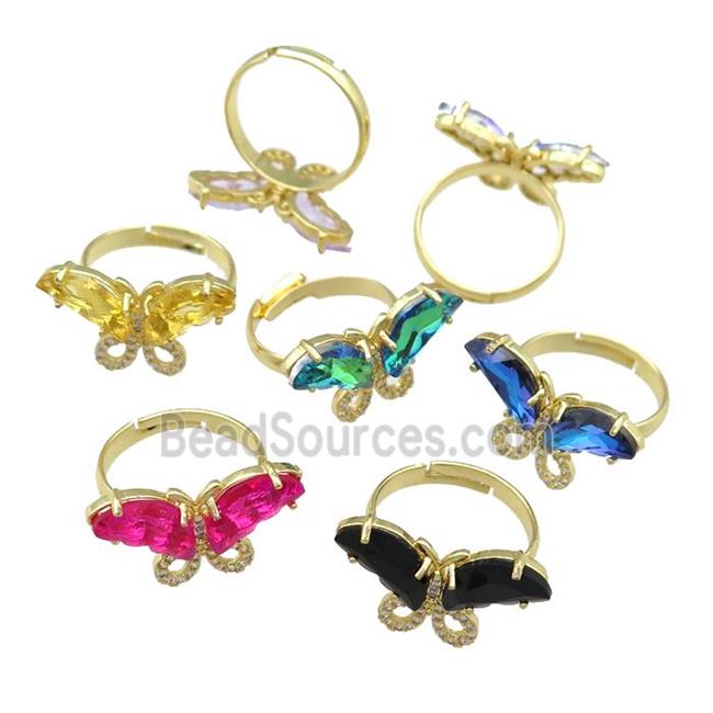 mixed Crystal Glass Butterfly Rings pave zircon, adjustable, gold plated