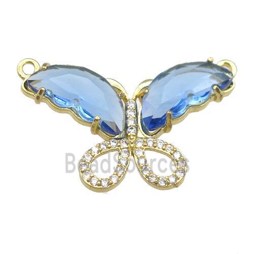 blue Crystal Glass Butterfly Pendant with 2loops, gold plated