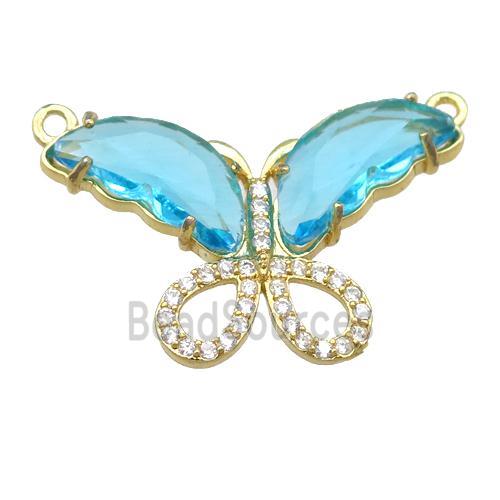 aqua Crystal Glass Butterfly Pendant with 2loops, gold plated
