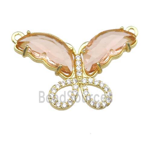 peach Crystal Glass Butterfly Pendant with 2loops, gold plated