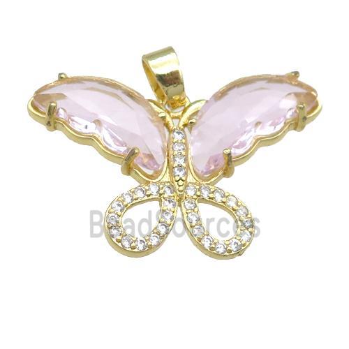 lt.pink Crystal Glass Butterfly Pendant, gold plated