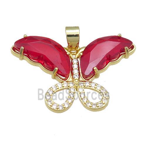 red Crystal Glass Butterfly Pendant, gold plated