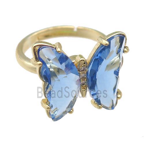 blue Crystal Glass Butterfly Spinner Rings, adjustable, gold plated