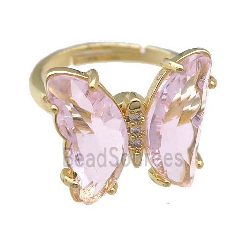 lt.pink Crystal Glass Butterfly Spinner Rings, adjustable, gold plated