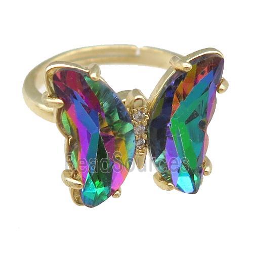 rainbow Crystal Glass Butterfly Spinner Rings, adjustable, gold plated