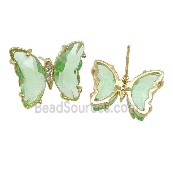 lt.green Crystal Glass Butterfly Stud Earrings, gold plated