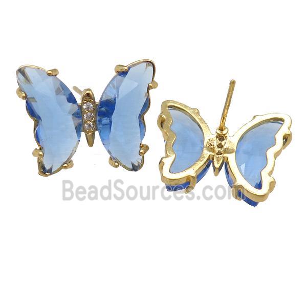 blue Crystal Glass Butterfly Stud Earrings, gold plated