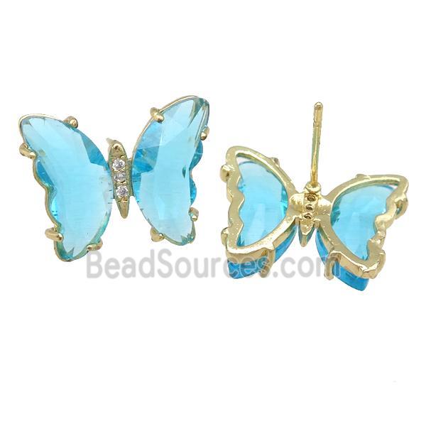 aqua Crystal Glass Butterfly Stud Earrings, gold plated