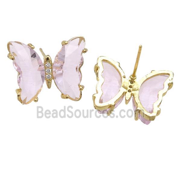 lt.pink Crystal Glass Butterfly Stud Earrings, gold plated