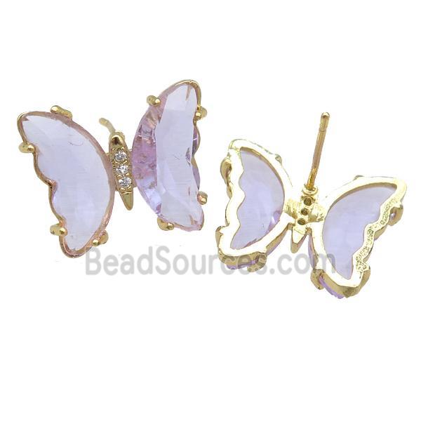 lavender Crystal Glass Butterfly Stud Earrings, gold plated