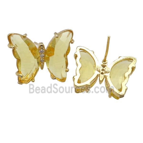 golden Crystal Glass Butterfly Stud Earrings, gold plated