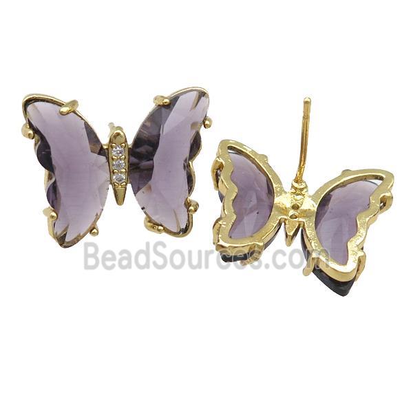 purple Crystal Glass Butterfly Stud Earrings, gold plated