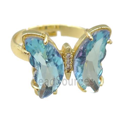 lt.blue Crystal Glass Butterfly Rings, gold plated