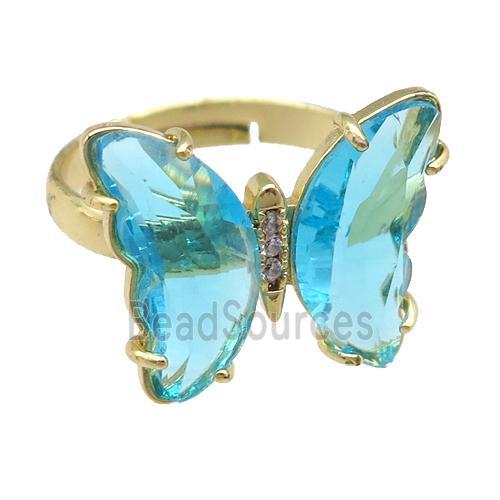 aqua Crystal Glass Butterfly Rings, gold plated